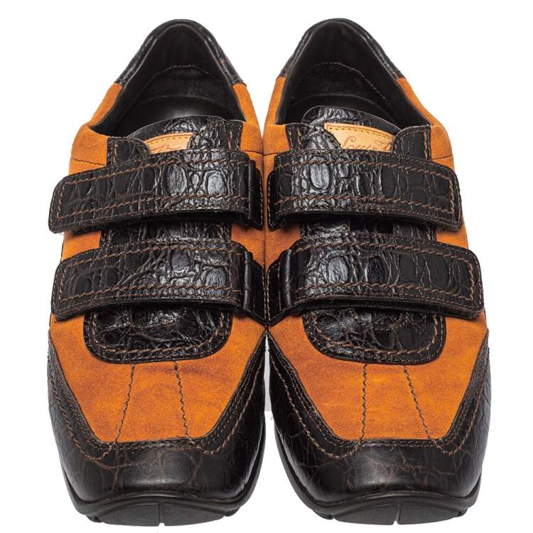Pre Owned Louis Vuitton Brown/Orange Croc Embossed Leather and Suede Feeding  Sneaker Size 38