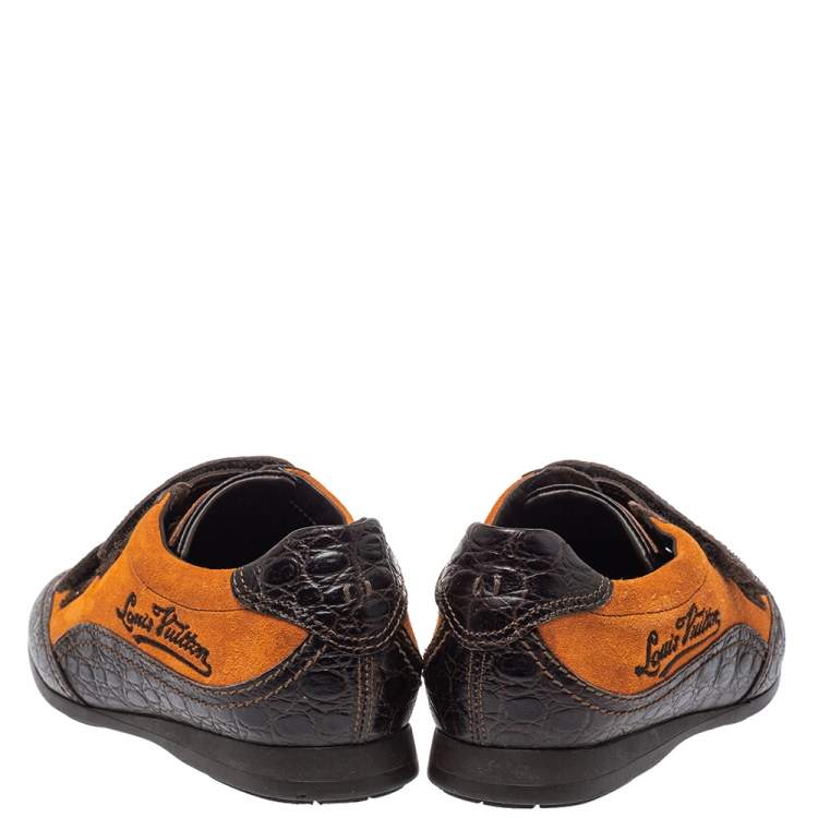 Pre Owned Louis Vuitton Brown/Orange Croc Embossed Leather and Suede Feeding  Sneaker Size 38