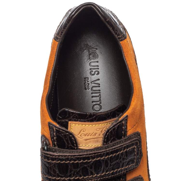 Pre Owned Louis Vuitton Brown/Orange Croc Embossed Leather and Suede Feeding  Sneaker Size 38