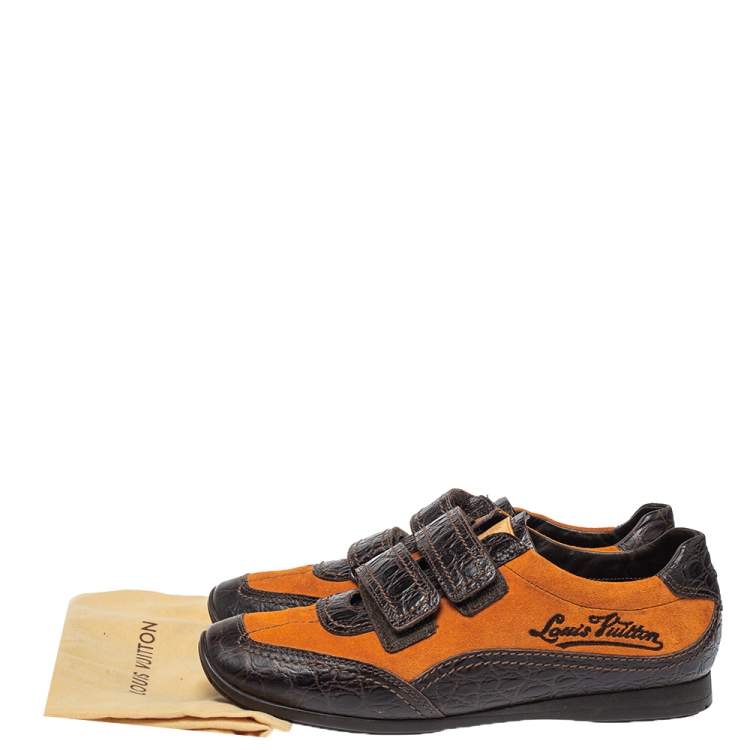 Pre Owned Louis Vuitton Brown/Orange Croc Embossed Leather and Suede Feeding  Sneaker Size 38