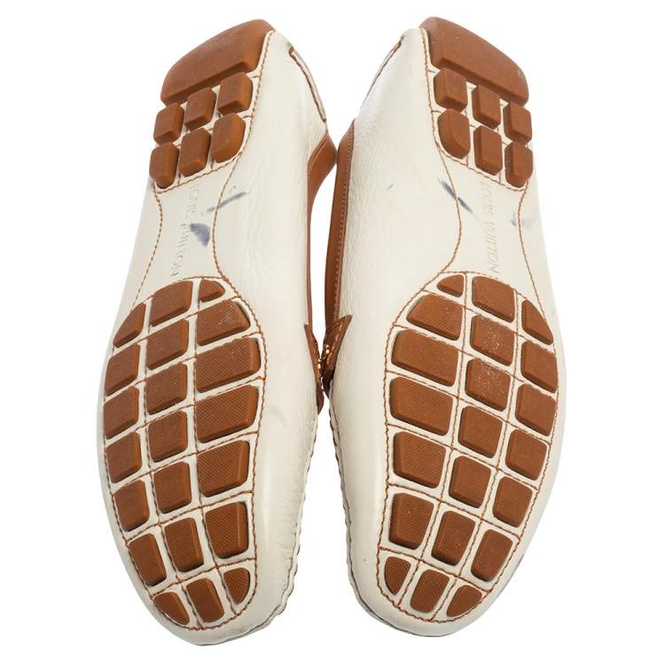 Pre Owned Louis Vuitton White/Brown Leather Slip On Loafers Size 40