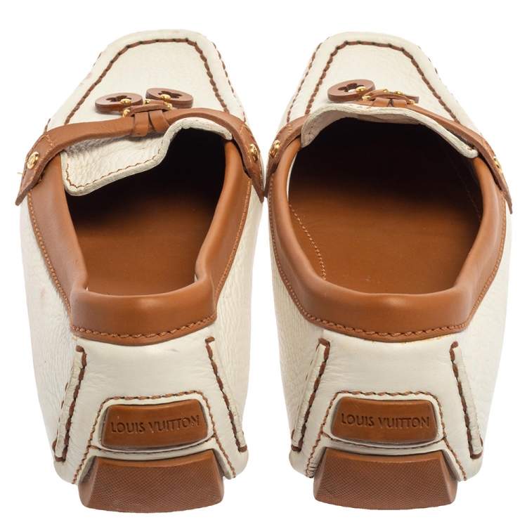 Pre Owned Louis Vuitton White/Brown Leather Slip On Loafers Size 40