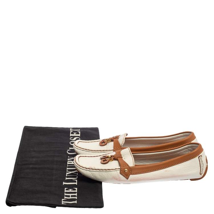Pre Owned Louis Vuitton White/Brown Leather Slip On Loafers Size 40