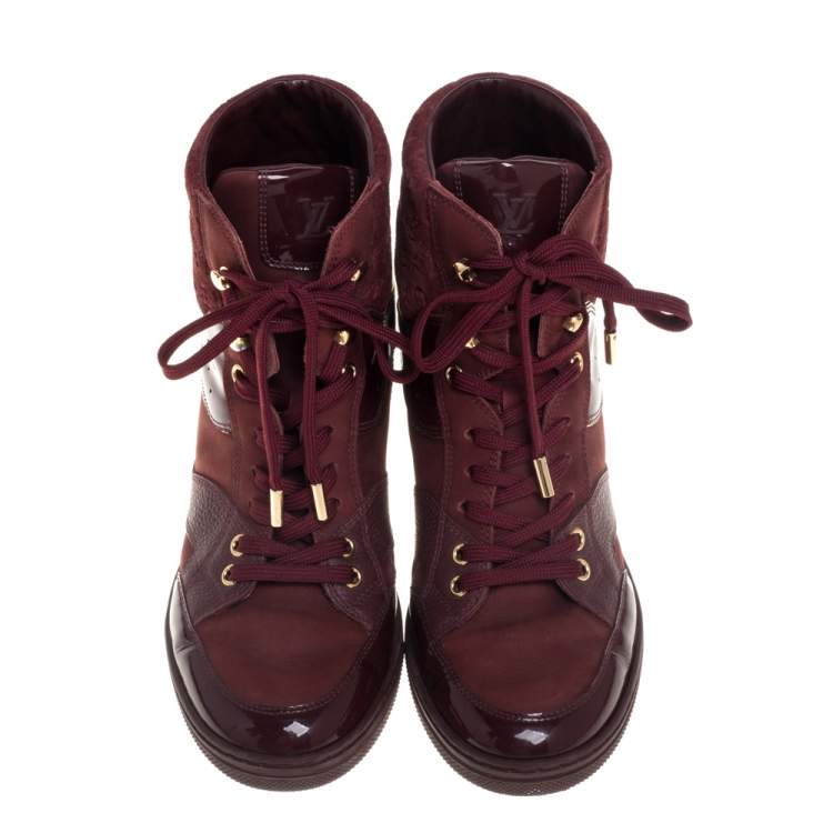 Pre Owned Louis Vuitton Burgundy Patent Leather and Suede Monogram Cliff Top Wedge Ankle Boots Size 37.5