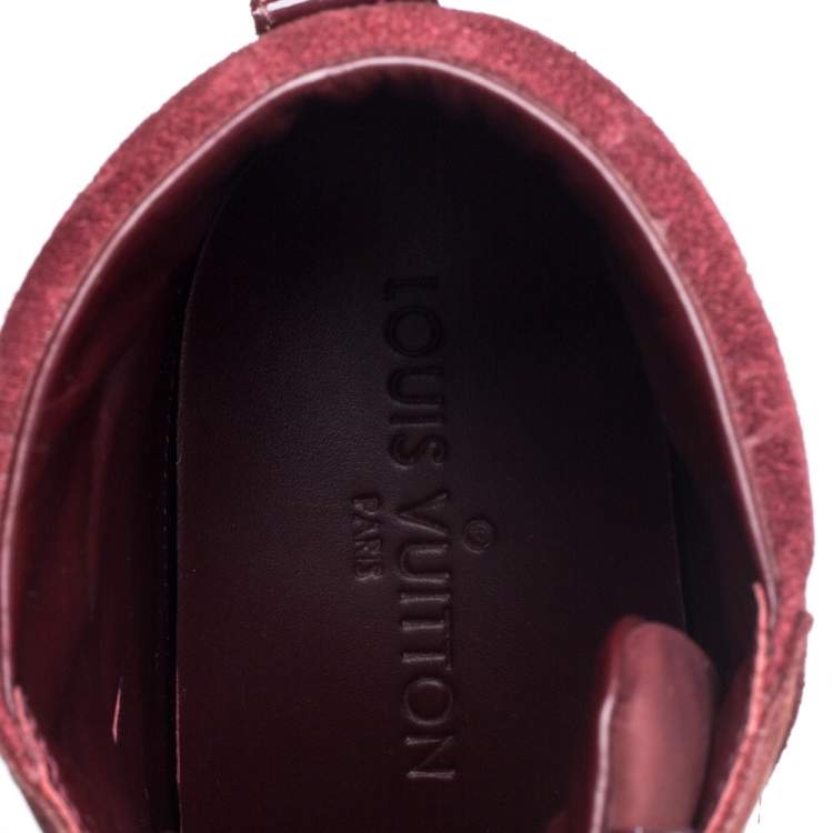 Pre Owned Louis Vuitton Burgundy Patent Leather and Suede Monogram Cliff Top Wedge Ankle Boots Size 37.5
