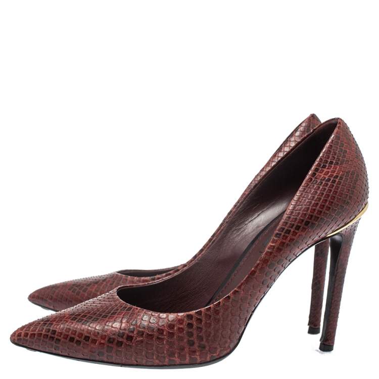 Pre Owned Louis Vuitton Burgundy Python Leather Slip On  Pumps Size 37.5