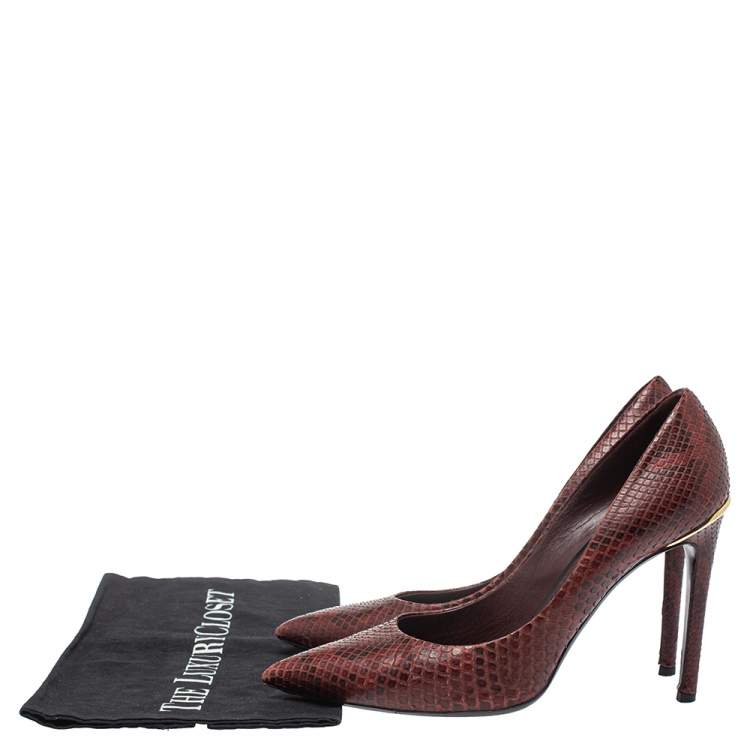 Pre Owned Louis Vuitton Burgundy Python Leather Slip On  Pumps Size 37.5