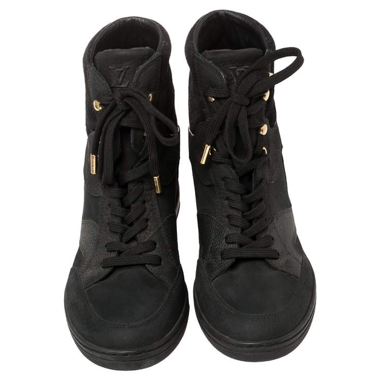 Pre Owned  Louis Vuitton Black Monogram Suede And Leather Millenium Wedge Sneakers Size 38