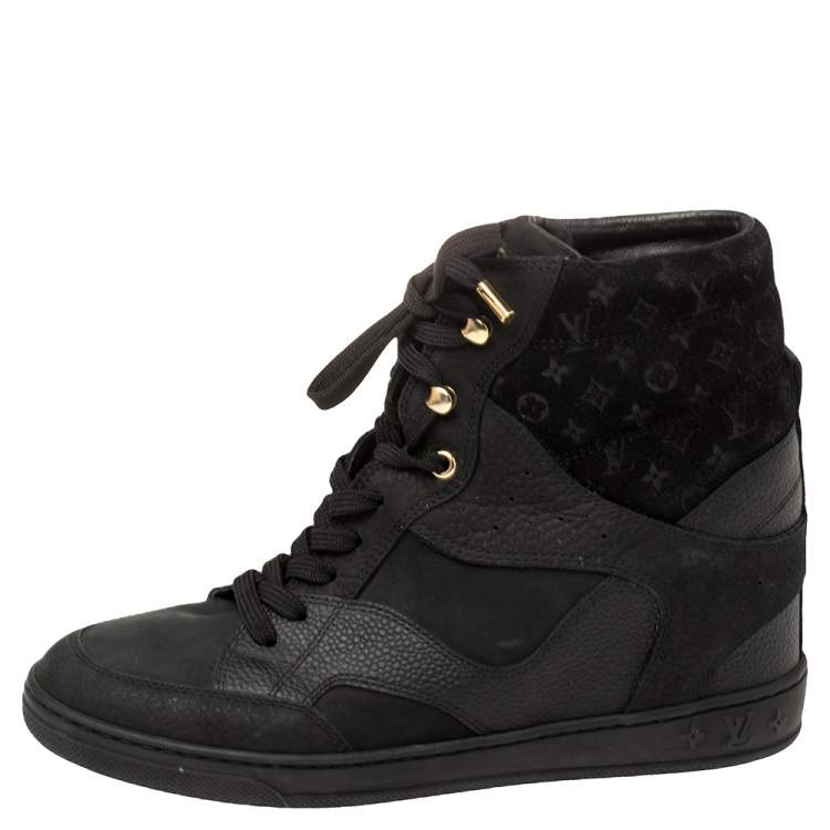 Pre Owned  Louis Vuitton Black Monogram Suede And Leather Millenium Wedge Sneakers Size 38
