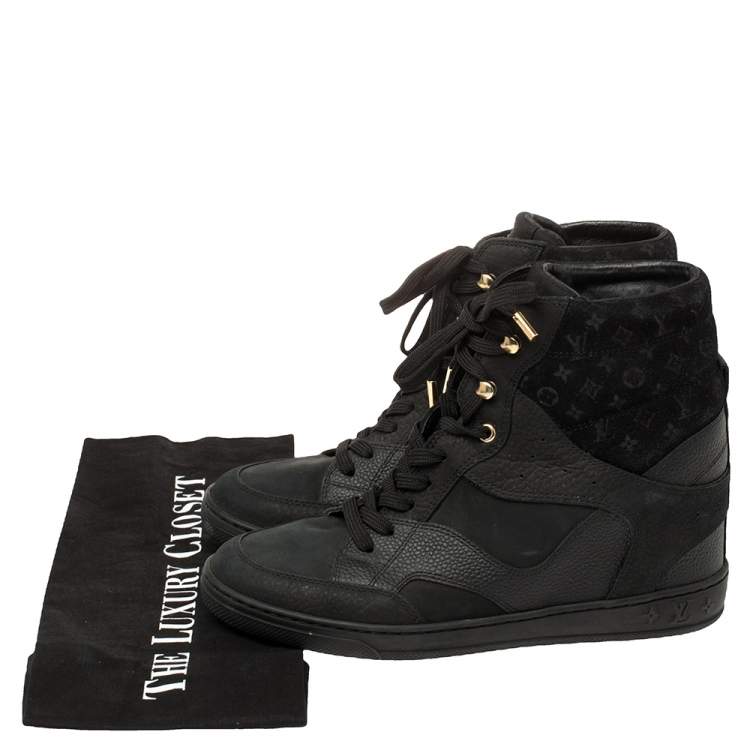 Pre Owned  Louis Vuitton Black Monogram Suede And Leather Millenium Wedge Sneakers Size 38