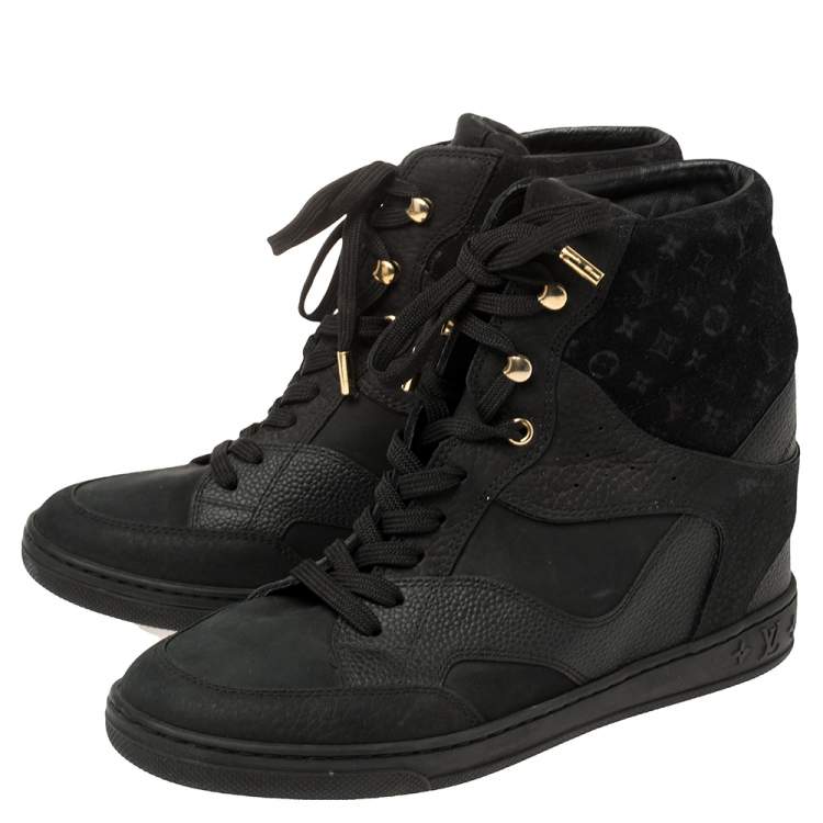 Pre Owned  Louis Vuitton Black Monogram Suede And Leather Millenium Wedge Sneakers Size 38
