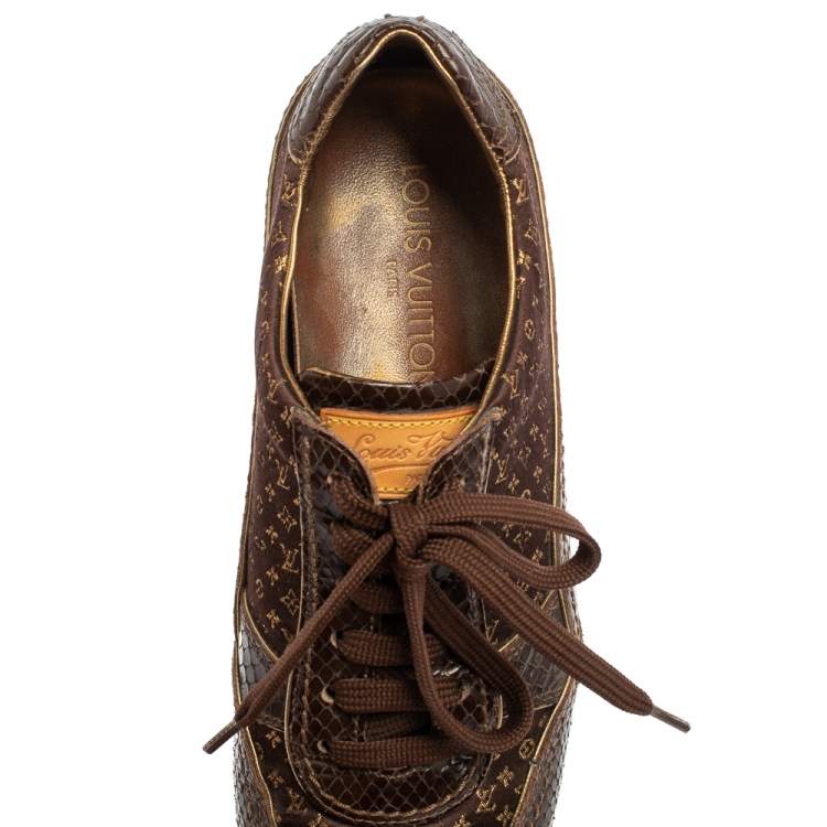 Pre Owned Louis Vuitton Brown Monogram Satin And Python Embossed Leather Trim Low Top Sneakers Size 38