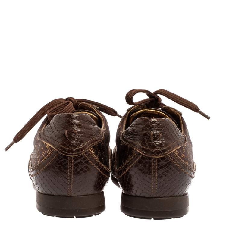Pre Owned Louis Vuitton Brown Monogram Satin And Python Embossed Leather Trim Low Top Sneakers Size 38