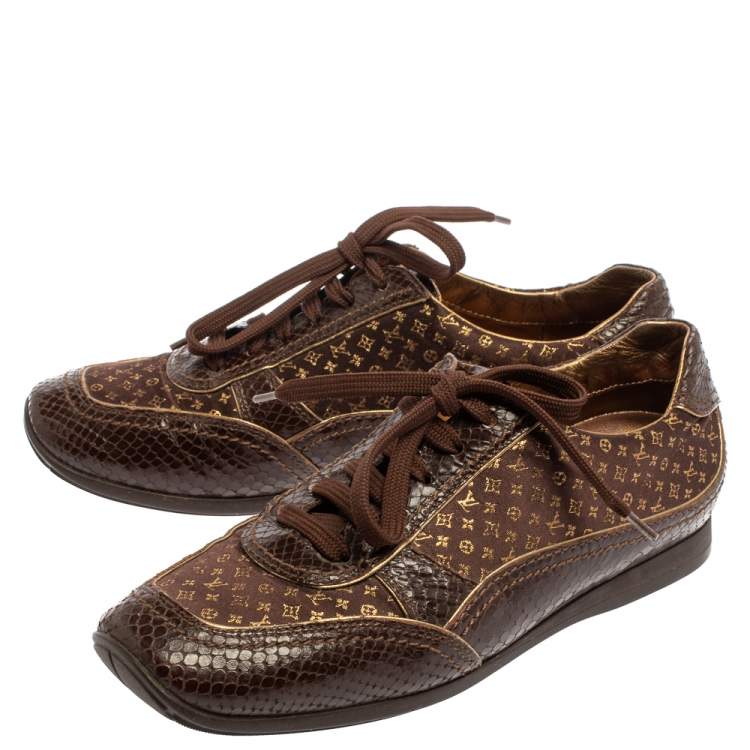Pre Owned Louis Vuitton Brown Monogram Satin And Python Embossed Leather Trim Low Top Sneakers Size 38