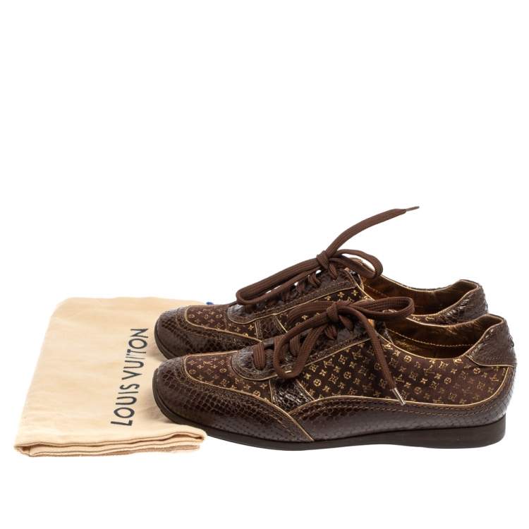 Pre Owned Louis Vuitton Brown Monogram Satin And Python Embossed Leather Trim Low Top Sneakers Size 38