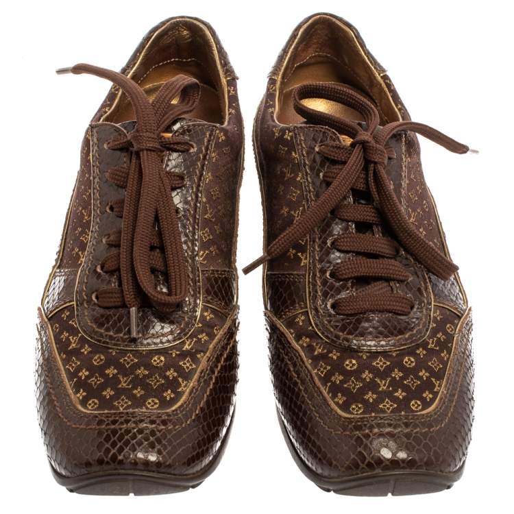 Pre Owned Louis Vuitton Brown Monogram Satin And Python Embossed Leather Trim Low Top Sneakers Size 38