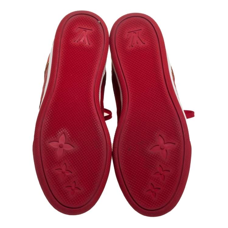 Pre Owned Louis Vuitton Red Leather And Embossed Monogram Suede Millenium Wedge Sneakers Size 37.5