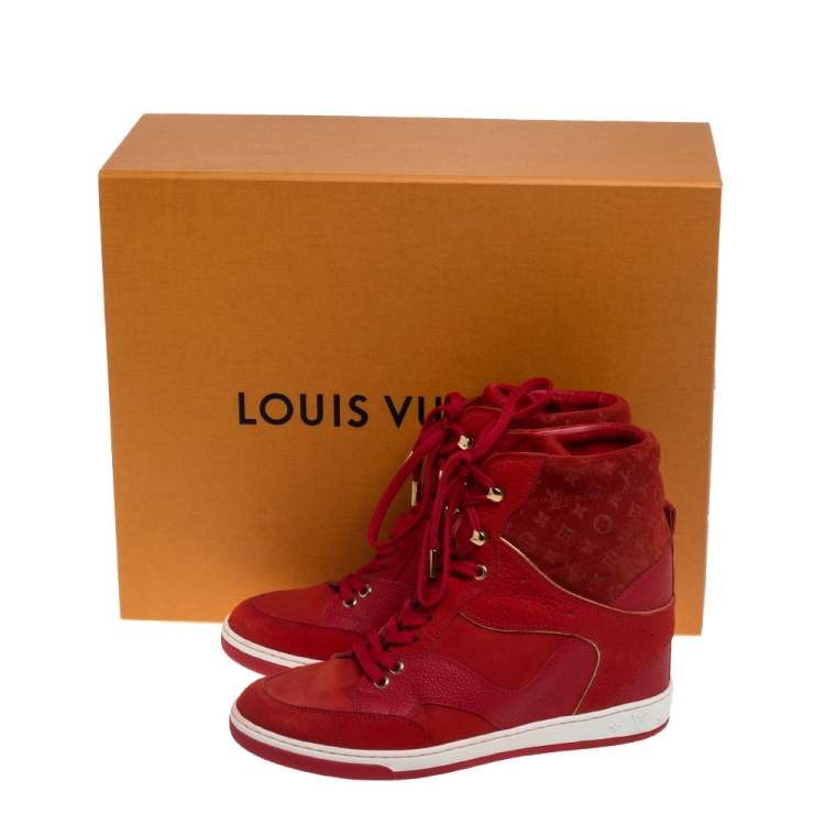 Pre Owned Louis Vuitton Red Leather And Embossed Monogram Suede Millenium Wedge Sneakers Size 37.5