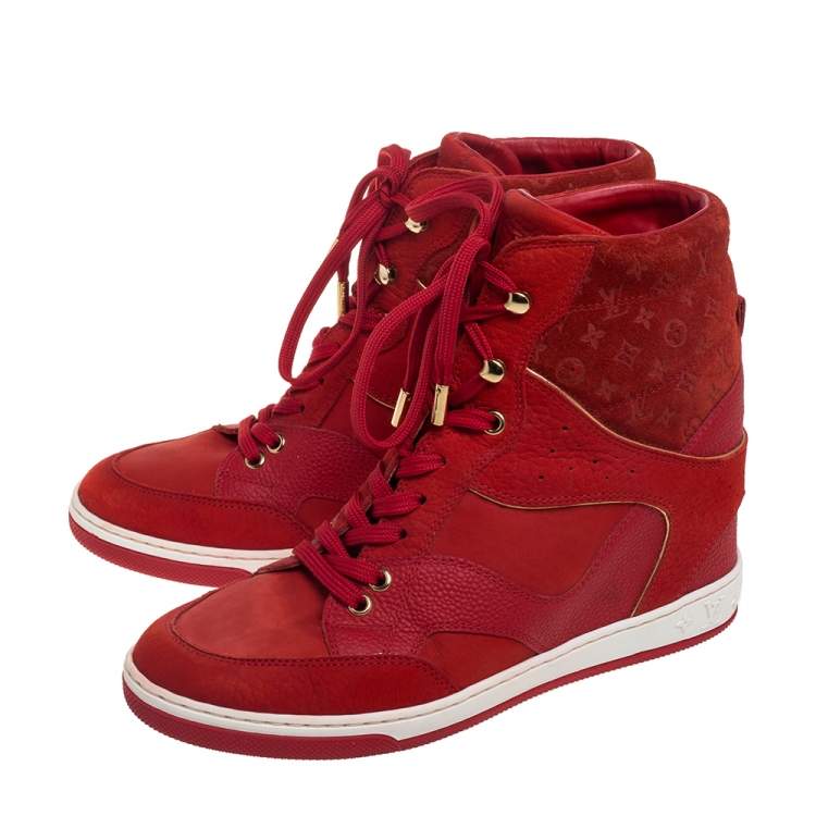 Pre Owned Louis Vuitton Red Leather And Embossed Monogram Suede Millenium Wedge Sneakers Size 37.5