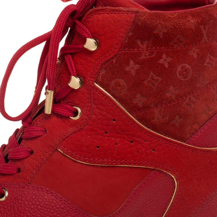 Pre Owned Louis Vuitton Red Leather And Embossed Monogram Suede Millenium Wedge Sneakers Size 37.5