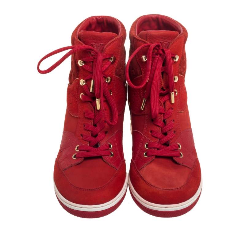 Pre Owned Louis Vuitton Red Leather And Embossed Monogram Suede Millenium Wedge Sneakers Size 37.5