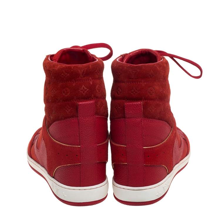 Pre Owned Louis Vuitton Red Leather And Embossed Monogram Suede Millenium Wedge Sneakers Size 37.5