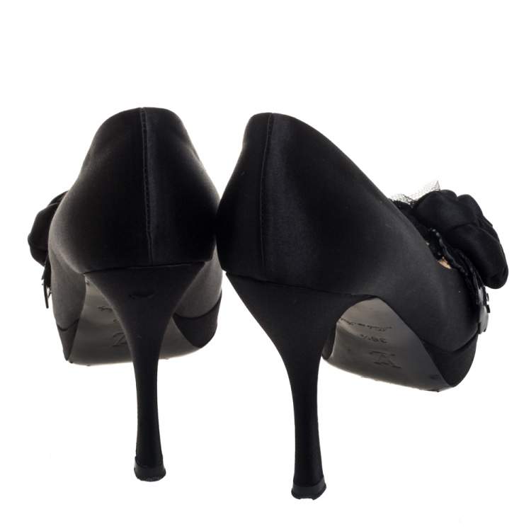 Pre Owned Louis Vuitton Black Satin Peep Toe Pumps Size 36.5