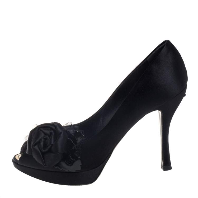 Pre Owned Louis Vuitton Black Satin Peep Toe Pumps Size 36.5