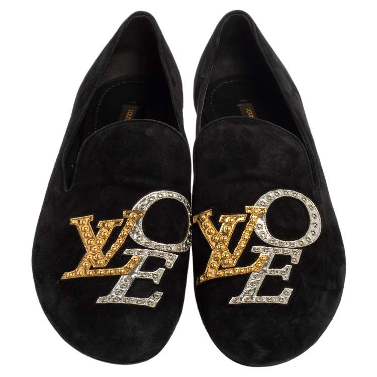 Pre Owned Louis Vuitton Black Suede Love Slip On Loafers Size 39