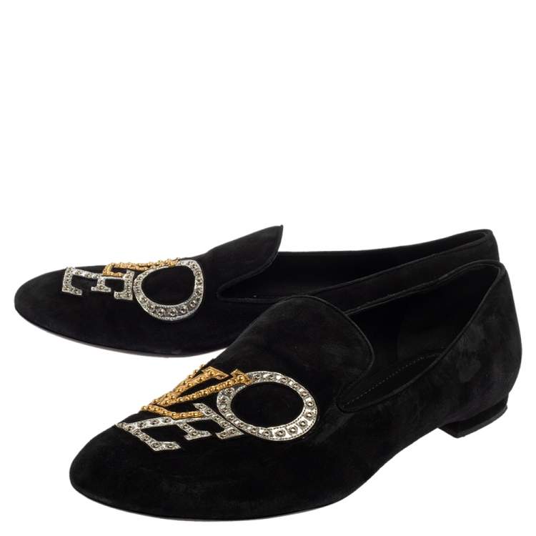 Pre Owned Louis Vuitton Black Suede Love Slip On Loafers Size 39