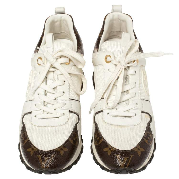 Pre Owned Louis Vuitton White/Brown Monogram Canvas And Mesh Reverse Run Away Sneakers Size 37.5