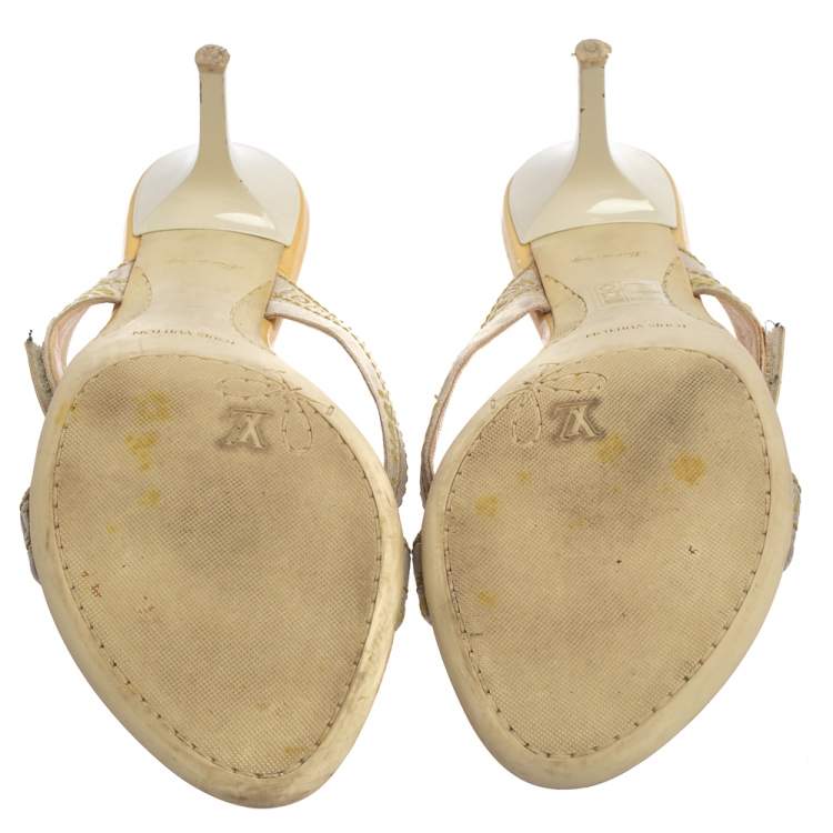 Pre Owned Louis Vuitton White Leather And Canvas Logo Strappy Mule Sandals Size 39.5