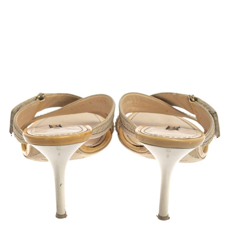 Pre Owned Louis Vuitton White Leather And Canvas Logo Strappy Mule Sandals Size 39.5