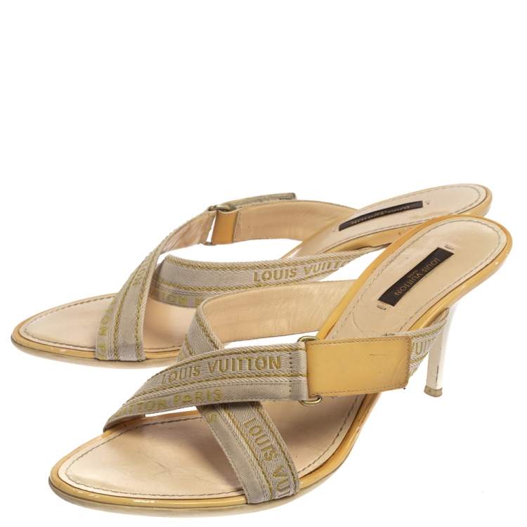 Pre Owned Louis Vuitton White Leather And Canvas Logo Strappy Mule Sandals Size 39.5