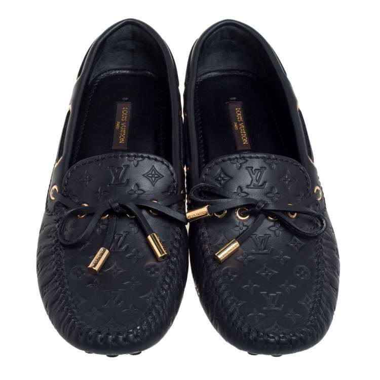 Pre Owned Louis Vuitton Black Monogram Empreinte Leather Gloria Loafers Size 36.5