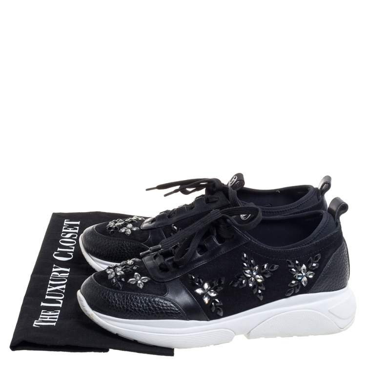 Pre Owned Louis Vuitton Black Leather And Suede Embellished Low Top Sneakers Size 36