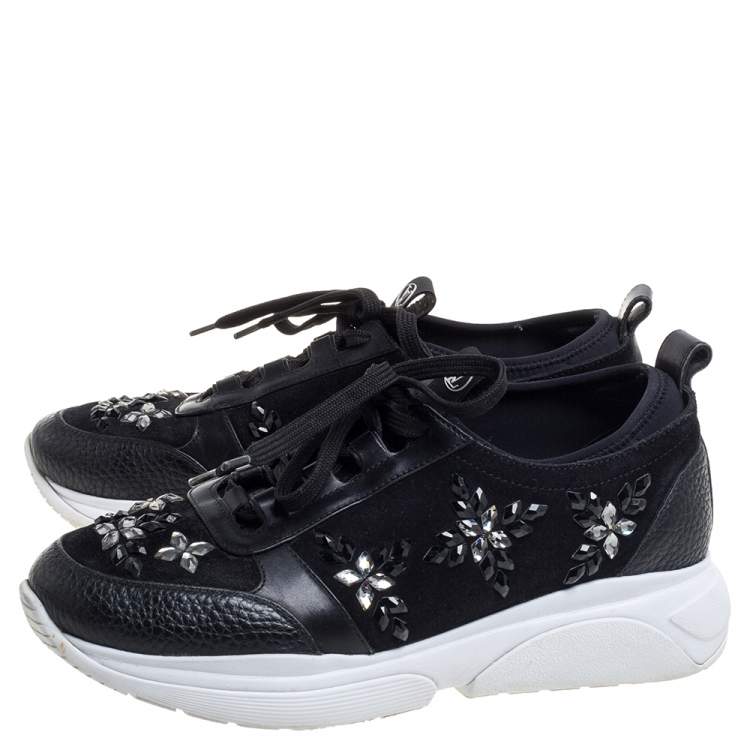 Pre Owned Louis Vuitton Black Leather And Suede Embellished Low Top Sneakers Size 36