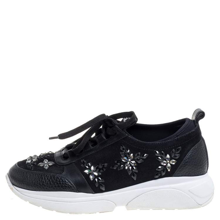 Pre Owned Louis Vuitton Black Leather And Suede Embellished Low Top Sneakers Size 36