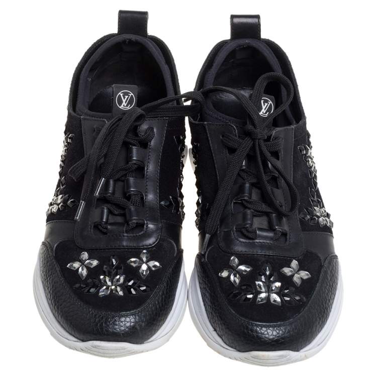Pre Owned Louis Vuitton Black Leather And Suede Embellished Low Top Sneakers Size 36