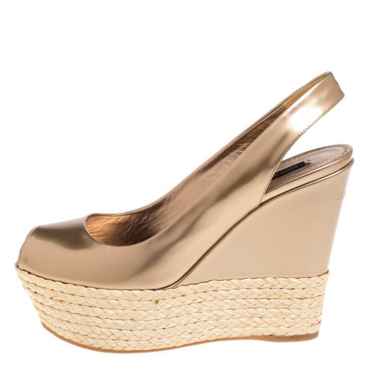 Louis Vuitton Metallic/Brown Leather and Patent Slingback Wedge