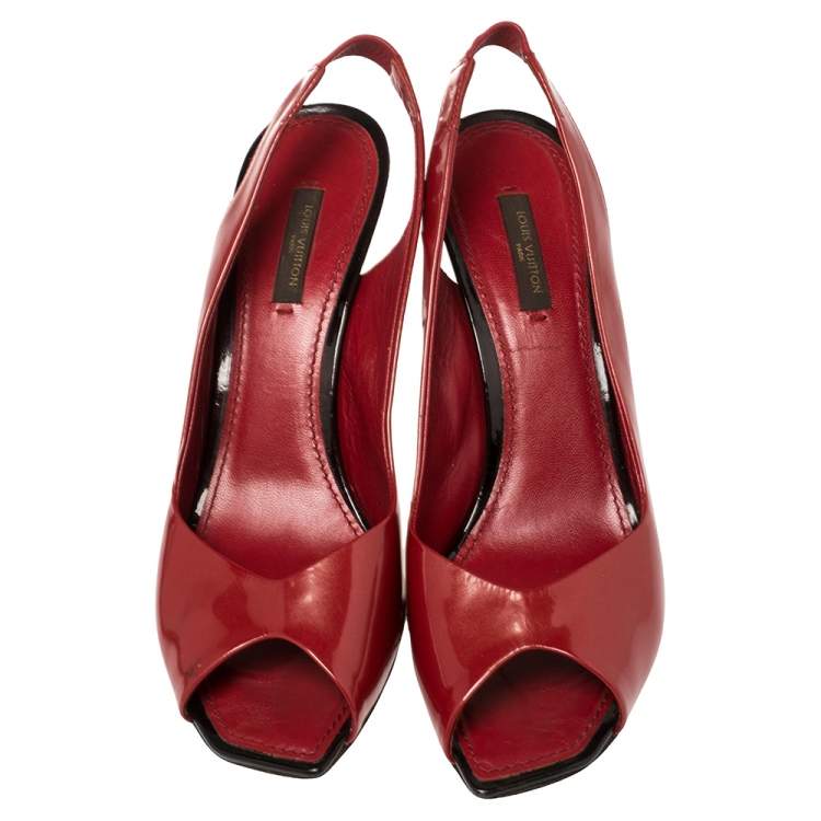 Pre Owned Louis Vuitton Red Patent Leather Peep Toe Sandals Size 39