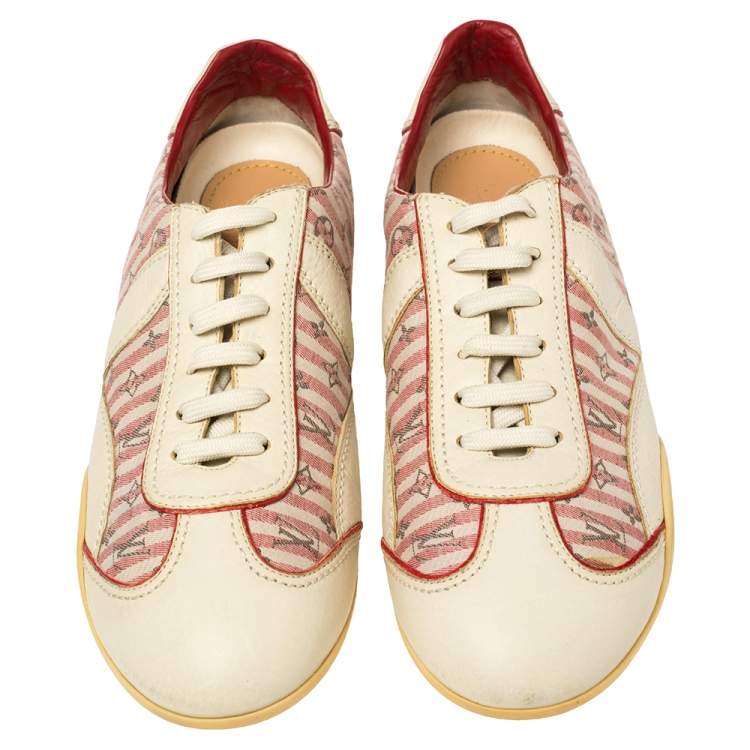Pre Owned Louis Vuitton Cream /Red  Monogram Canvas And Leather  Sneakers Size 39