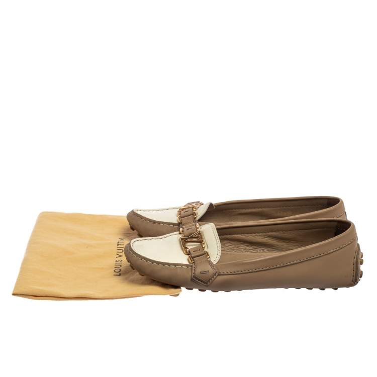 Pre Owned Louis Vuitton Beige/White Leather Oxford Loafers Size 39