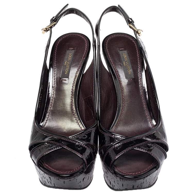 Pre Owned Louis Vuitton Amarante Monogram Vernis Leather Pantheon Wedge Sandals Size 37