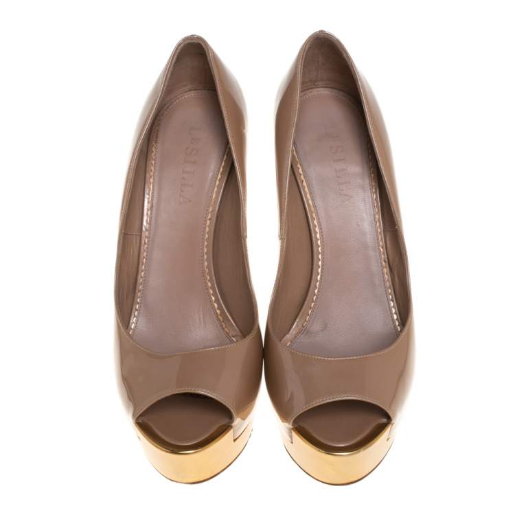 Pre Owned Le Silla Beige Patent Leather Peep Toe Platform Pumps Size 38