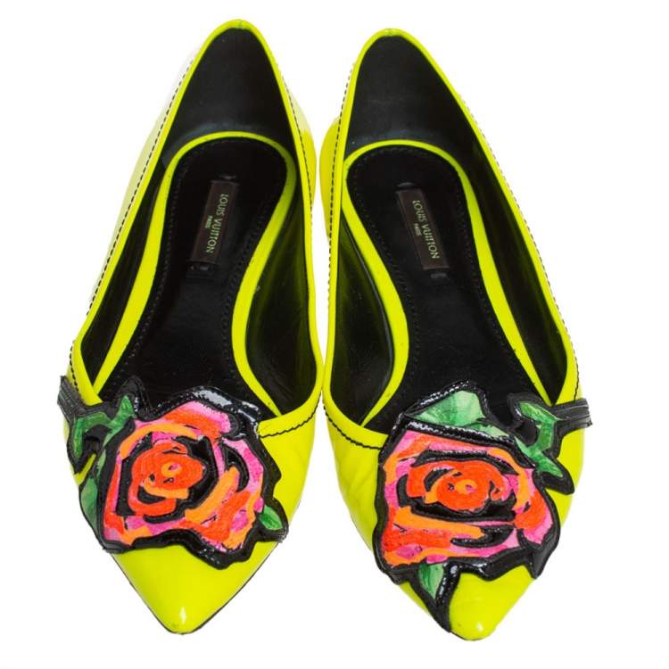 Pre Owned Louis Vuitton Yellow Leather Flower Embellished Pointed Ballet Flats Size 36.5