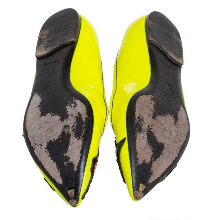 Pre Owned Louis Vuitton Yellow Leather Flower Embellished Pointed Ballet Flats Size 36.5