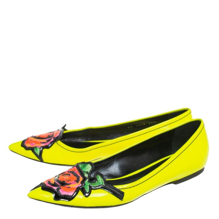 Pre Owned Louis Vuitton Yellow Leather Flower Embellished Pointed Ballet Flats Size 36.5