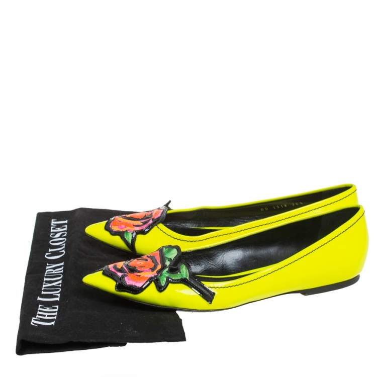 Pre Owned Louis Vuitton Yellow Leather Flower Embellished Pointed Ballet Flats Size 36.5