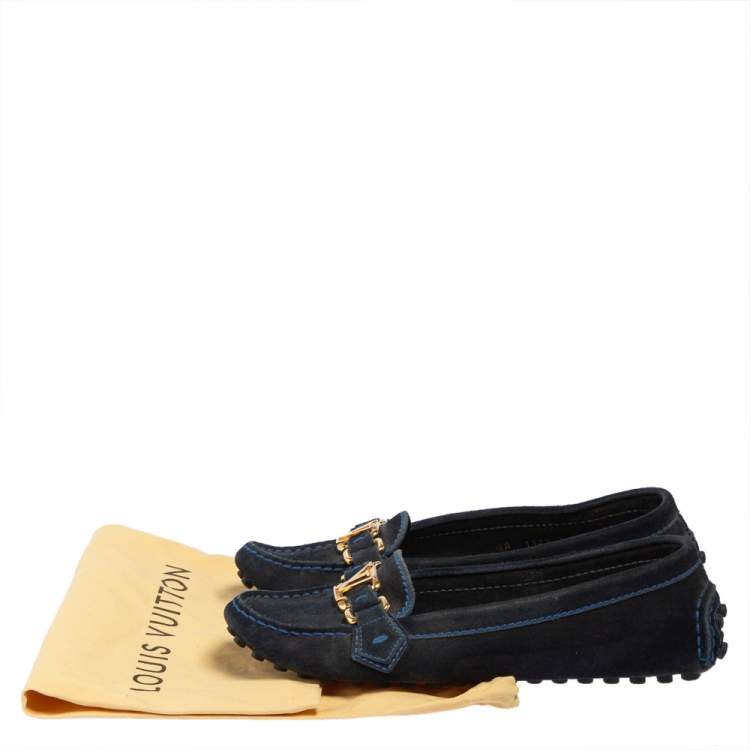 Pre Owned Louis Vuitton Blue Suede Logo Slip On Loafers Size 36.5